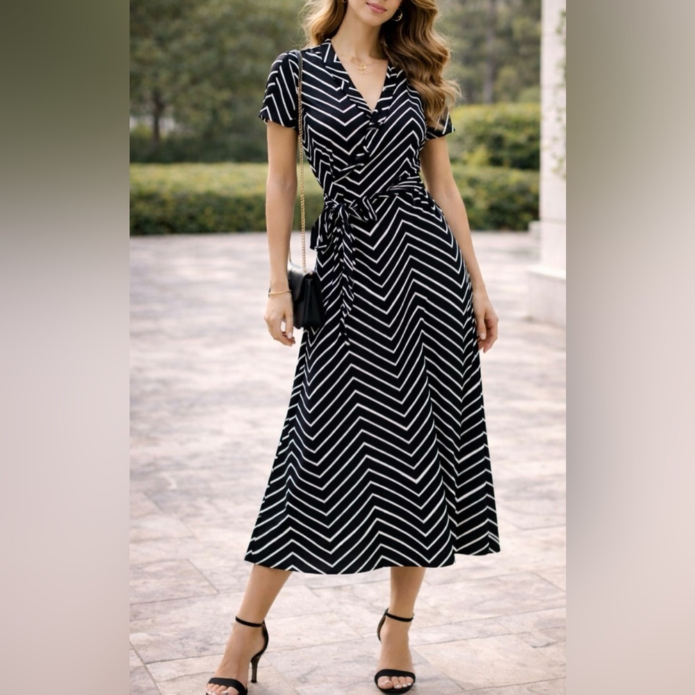 ✨ Covington Petite Black & White‎ Chevron Wrap Midi Dress Size LP ✨